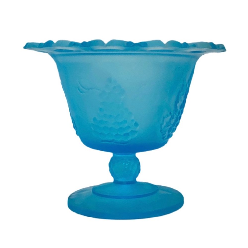 Vintage Indiana Glass Blue Frosted Harvest Grape Lace Edged Compote Dish